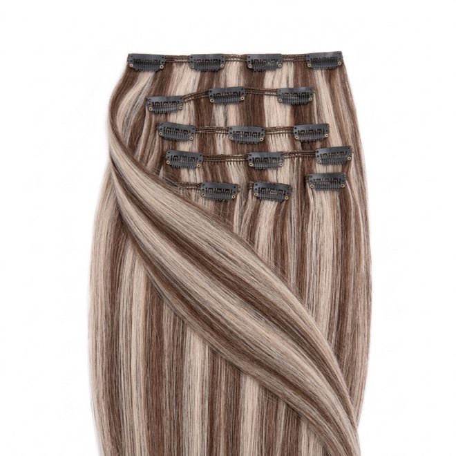 Clip-In Human Hair Extension Classic Highlighted Medium Brown-Light Bleach Blonde 40cm Color #6/60 - HairExtensionShop.ie