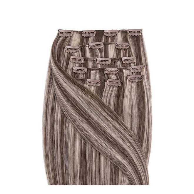 Clip-In Human Hair Extension Classic Highlighted Medium Brown-Bleach Blonde 40cm Color #6/613 - HairExtensionShop.ie