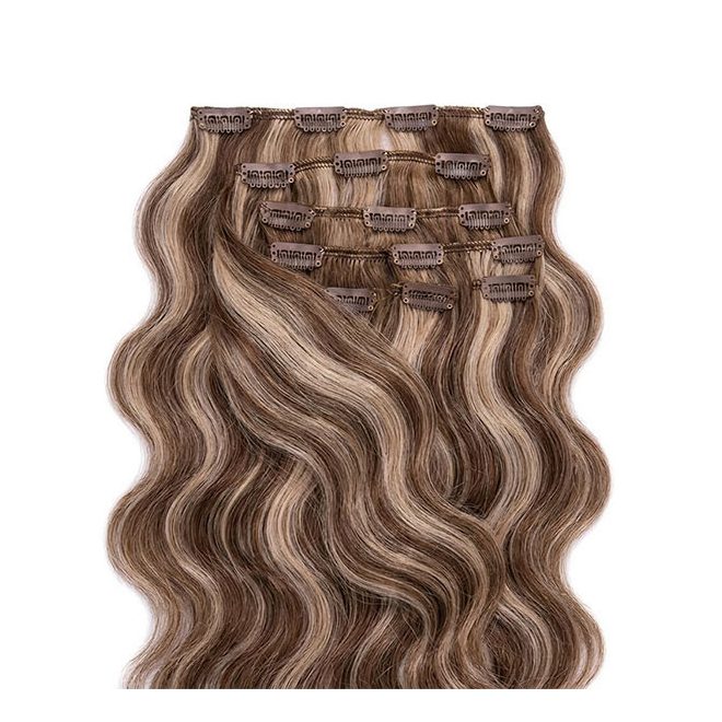 Clip In Hair Extension Classic Body Wave Highlighted Medium Brown-Light Bleach Blonde 50cm (Color #6/60)