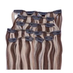   Clip In Hair Extension Highlighted Medium Brown-Light Bleach Blonde 40cm (Color #6/60)