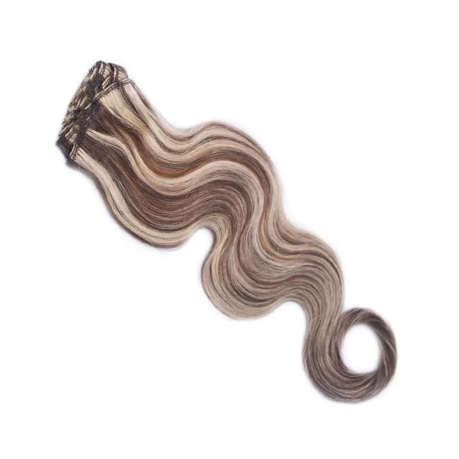 Clip In Hair Extension Body Wave Highlighted Medium Brown-Light Bleach Blonde 40cm (Color #6/60)